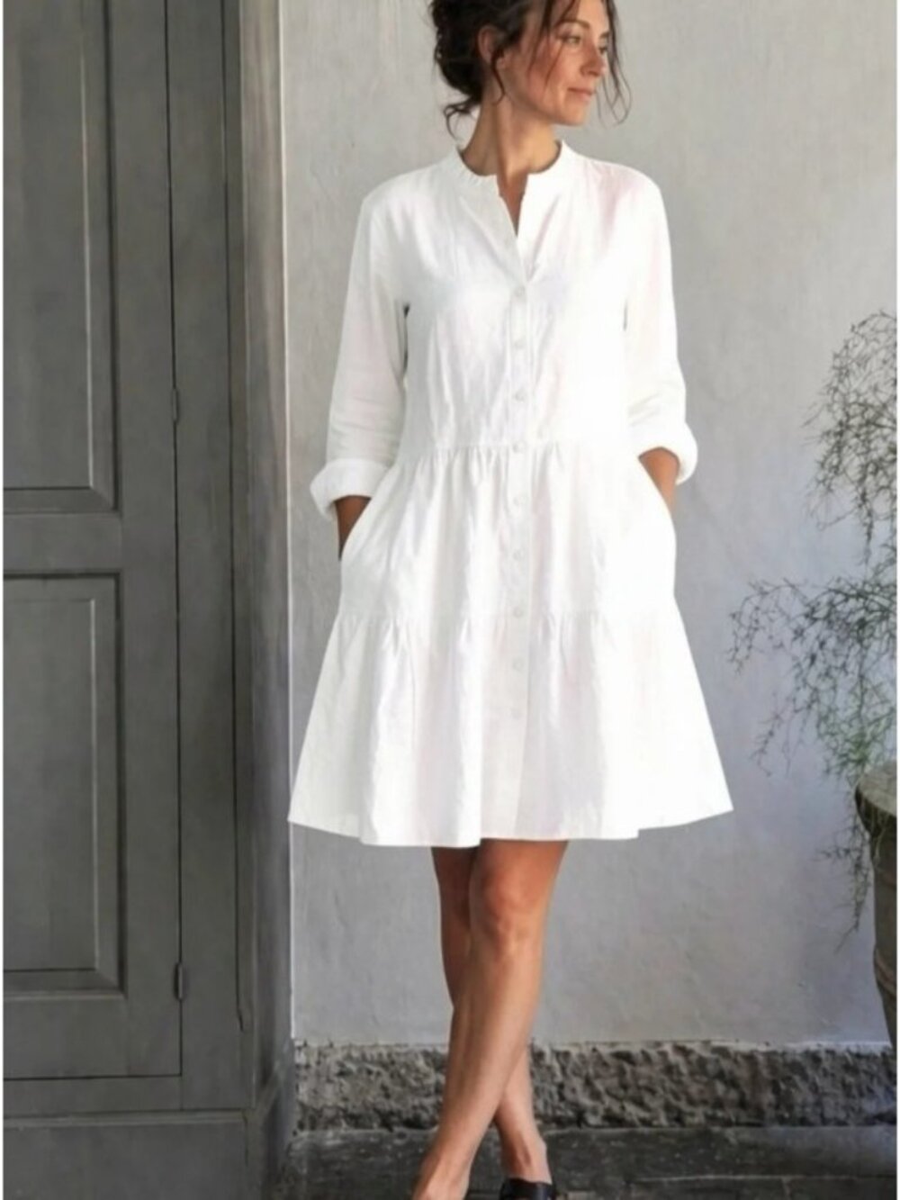Alice Walk White Linen Tiered Shirt Dress, Size L, NWT! $275